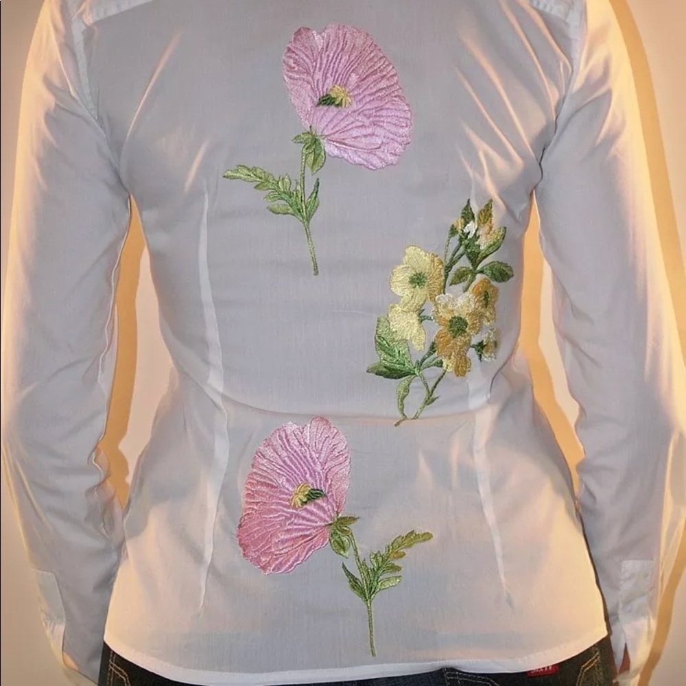 ONE ITALY white stretch cotton embroidered shirt